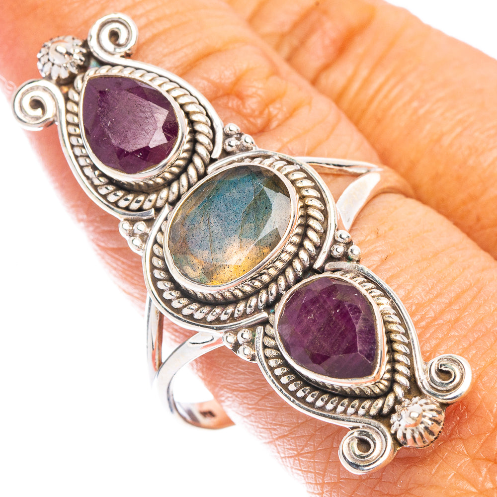 Large Labradorite, Ruby Ring Size 11 (925 Sterling Silver) R6981
