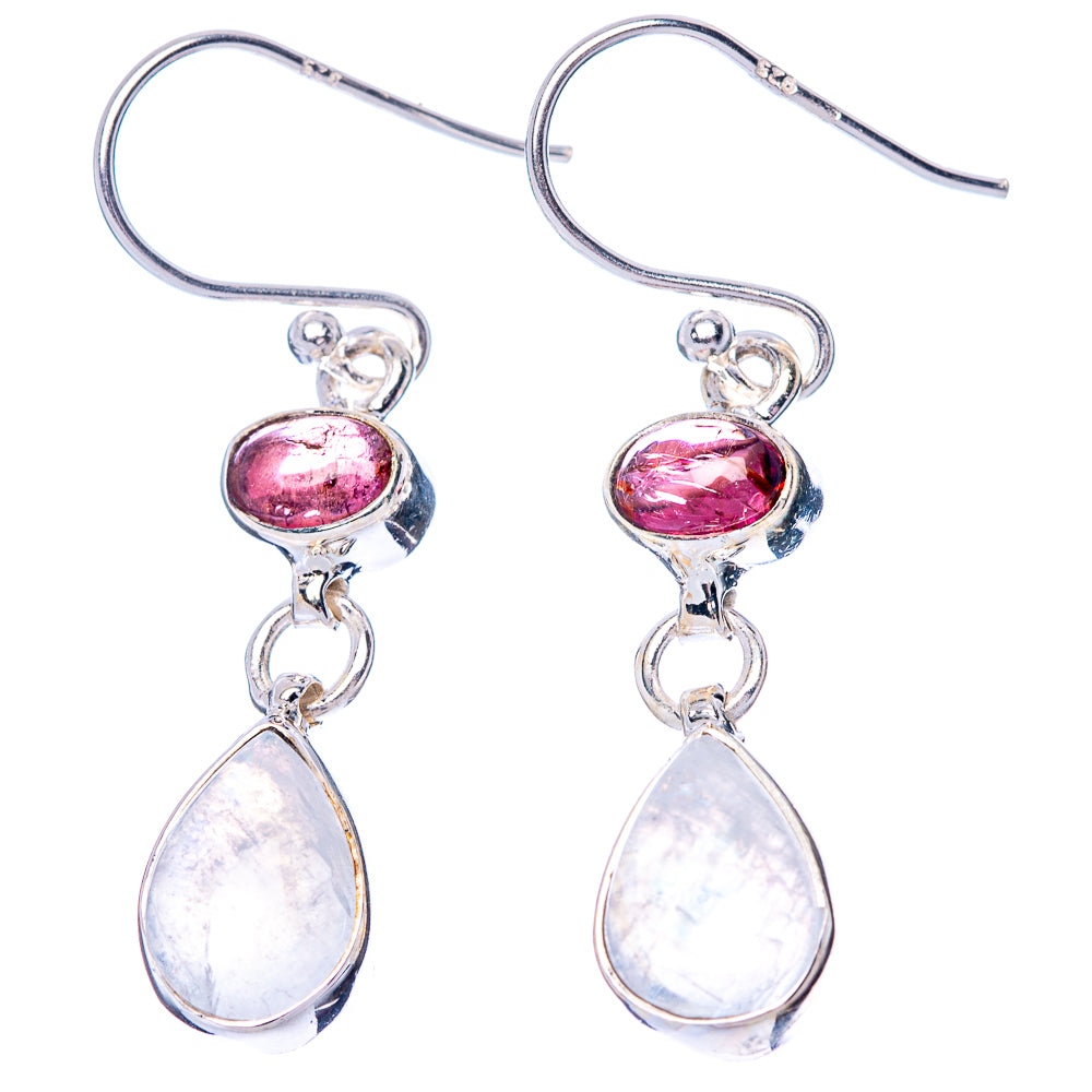 Sterling silver hook earrings with pink oval stones and pear-shaped moonstone drops