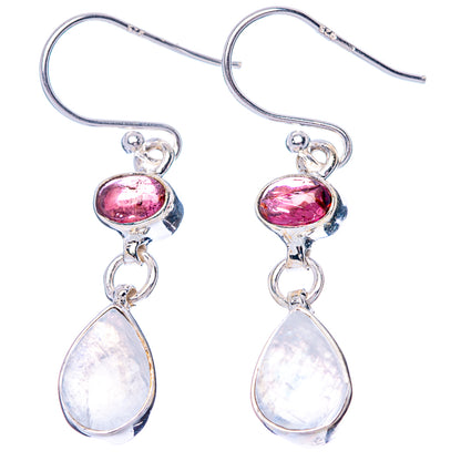 Sterling silver hook earrings with pink oval stones and pear-shaped moonstone drops