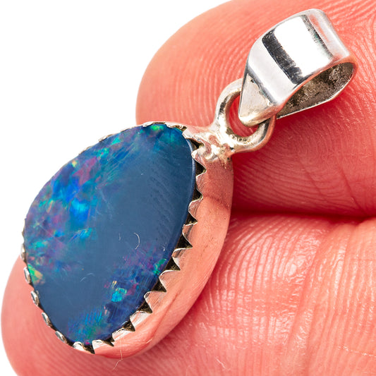 Sterling silver doublet opal pendant, oval blue stone with pink flashes