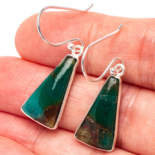 Bloodstone dangle earrings, .925 sterling silver hooks with green triangular stone drops