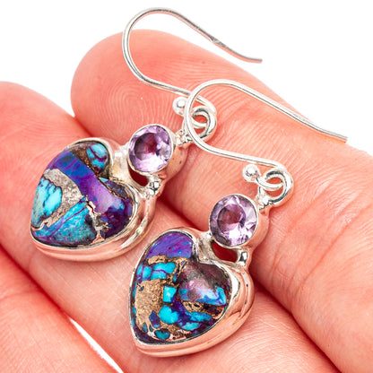 Purple Copper Composite Turquoise, Amethyst Heart Earrings 1 3/8" (925 Sterling Silver) E1817