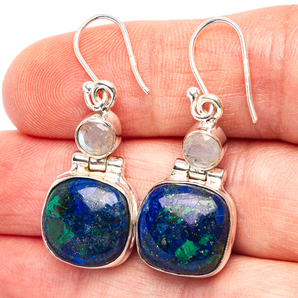Premium Azurite In Malachite, Rainbow Moonstone Earrings 1 3/8" (.925 Sterling Silver)