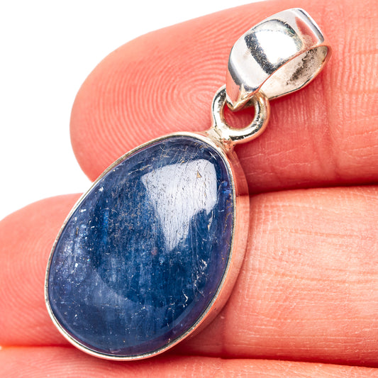 Oval blue kyanite pendant in .925 sterling silver bezel with side loop bail