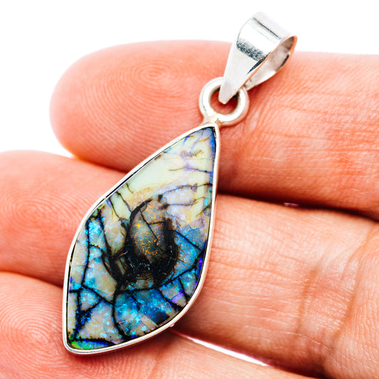 Sterling silver teardrop opal pendant with blue and gold mosaic center
