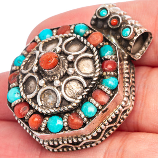 Vintage Native Style Red Coral, Arizona Turquoise Pendant 1 3/8" (925 Sterling Silver) P40119