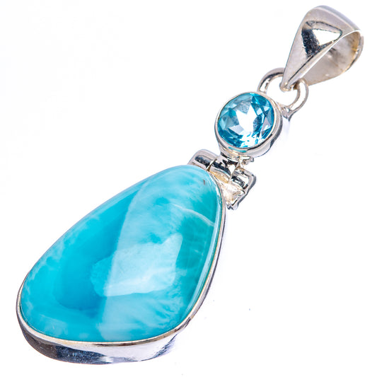 Sterling silver larimar and blue topaz pendant with large blue pear cabochon and round topaz