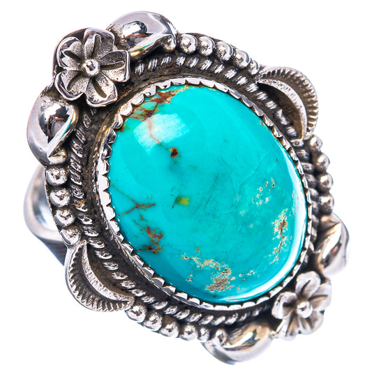 925 sterling silver turquoise ring with oval turquoise cabochon and beadwork border