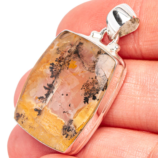 Sterling silver agate pendant with rectangular dendritic stone, amber and dark speckles