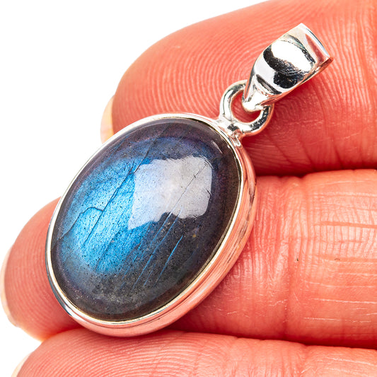 Oval labradorite pendant in .925 sterling silver with bright blue flash, bail detail