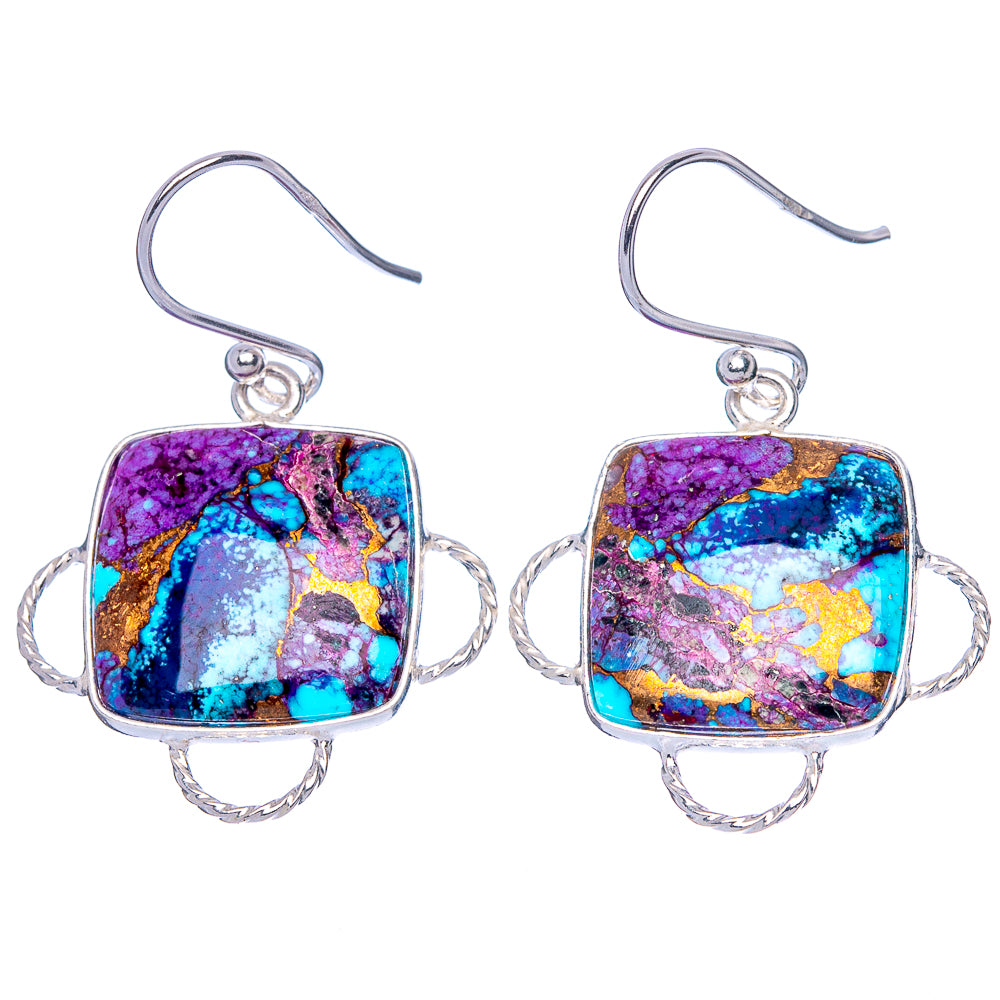 Square turquoise composite earrings in 925 sterling silver, purple and blue with yellow accents