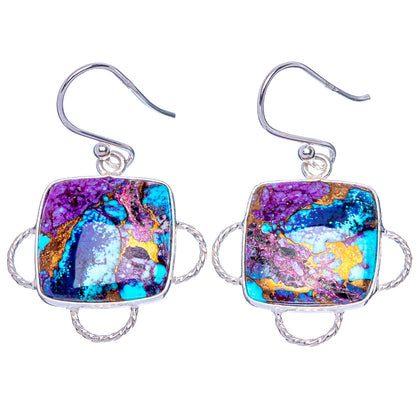 Square turquoise composite earrings in 925 sterling silver, purple and blue with yellow accents
