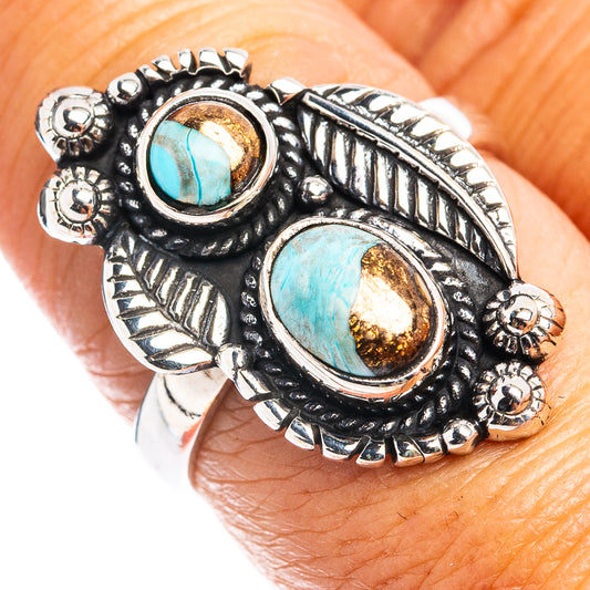 Cotton Candy turquoise ring in .925 sterling silver, two oval stones with ornate black setting