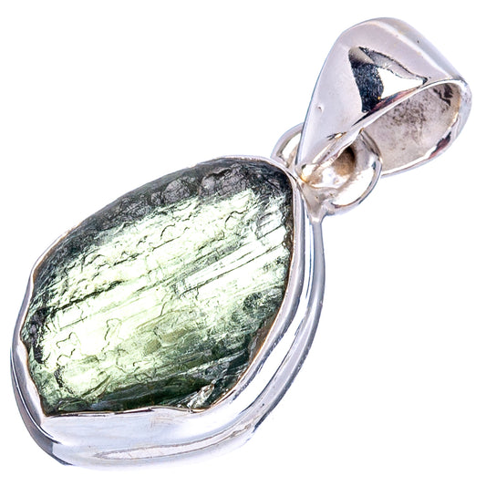 Sterling silver moldavite pendant, teardrop bezel-set green stone, 1-inch