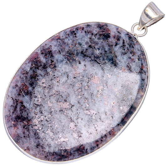 Silver-plated oval cabochon pendant with mottled gray, purple, and speckled stone and bail