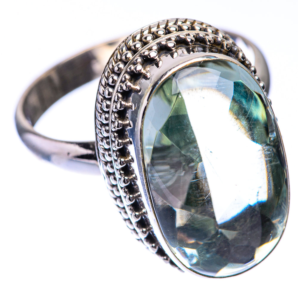 Sterling silver oval green amethyst ring with ornate beaded border and split shank