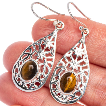 Tiger Eye Earrings 1 3/4" (925 Sterling Silver) E1058