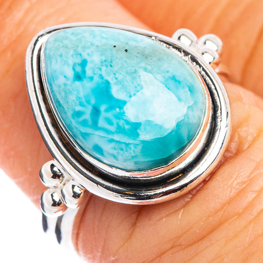 Oval larimar-blue gemstone set in .925 sterling silver teardrop bezel ring, size 6.5
