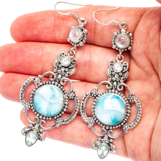 Signature Larimar, Rainbow Moonstone, Aquamarine Earrings 3 1/8" (.925 Sterling Silver)
