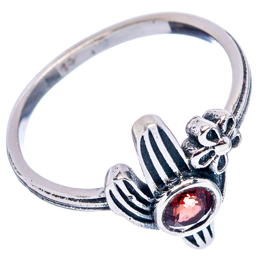 Round garnet cactus ring in .925 sterling silver, open band with flower detail