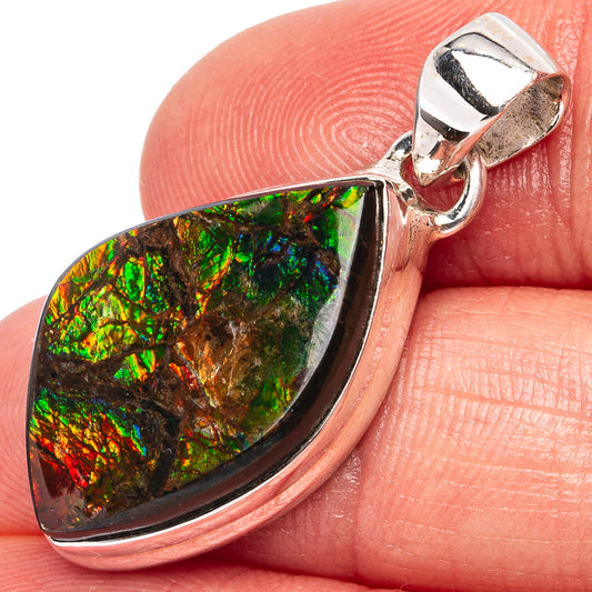 Ammolite teardrop pendant in .925 sterling silver with iridescent green, blue, red stone