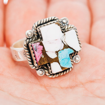 Exclusive Cotton Candy Turquoise Cross Ring Size 9 Adjustable (.925 Sterling Silver)