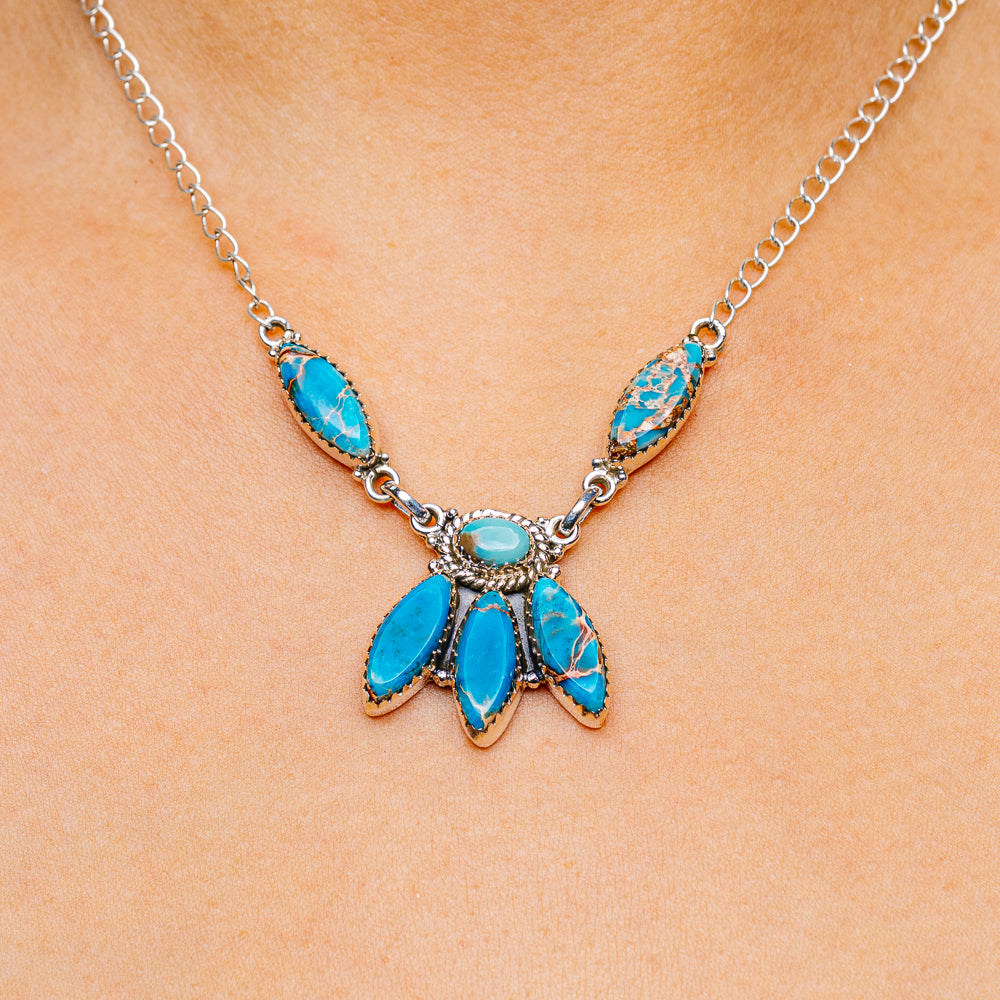 Blue Sea Sediment Jasper, Mojave Turquoise Necklace 16 to 19" (.925 Sterling Silver)