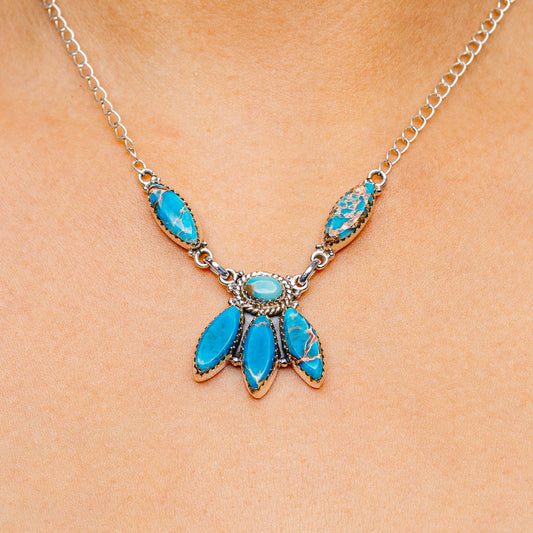 Turquoise gemstone leaf pendant sterling silver chain necklace