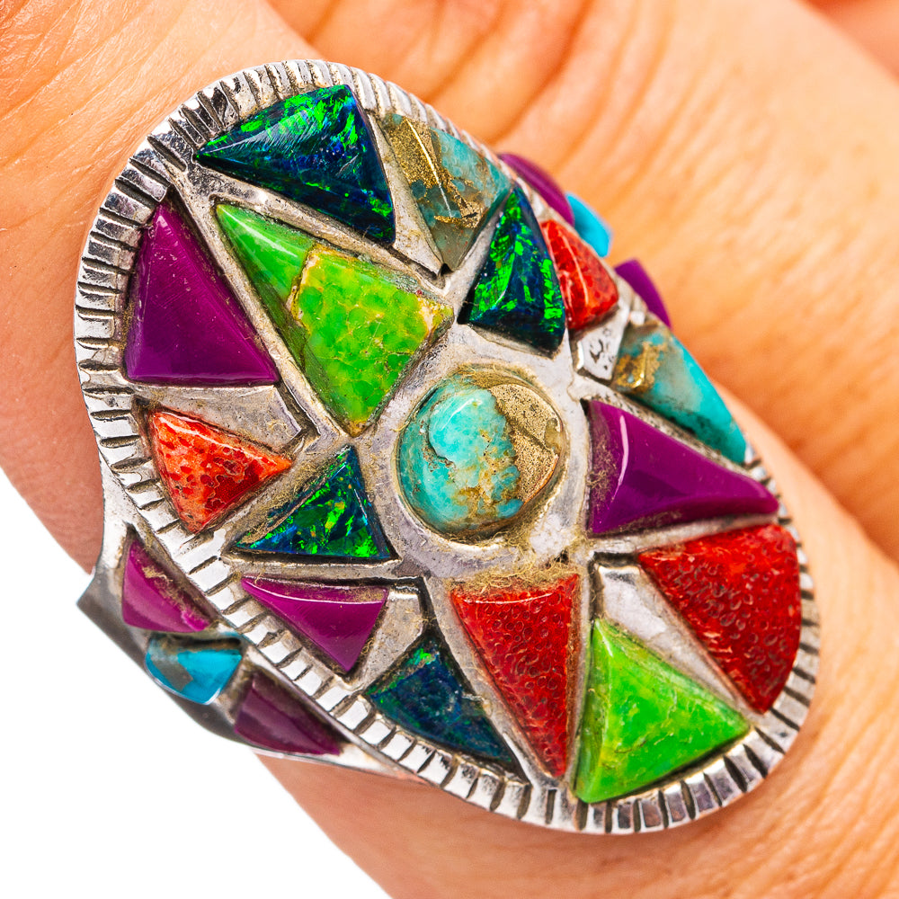 Southwestern Style Mojave Turquoise, Sponge Coral, Opal, Green Turquoise, Sugilite Ring Size 7.75 (.925 Sterling Silver)