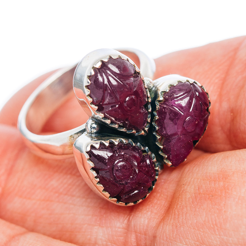 Premium 3-Gemstone Carved Ruby Ring Size 6.25 (.925 Sterling Silver)