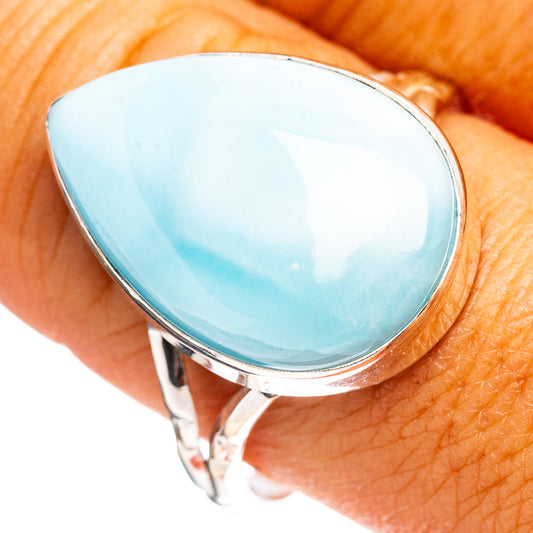 Oval light blue larimar gemstone set in polished sterling silver ring