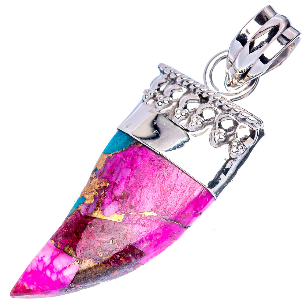 Sterling silver gemstone pendant with carved top, pink purple teardrop stone, turquoise side