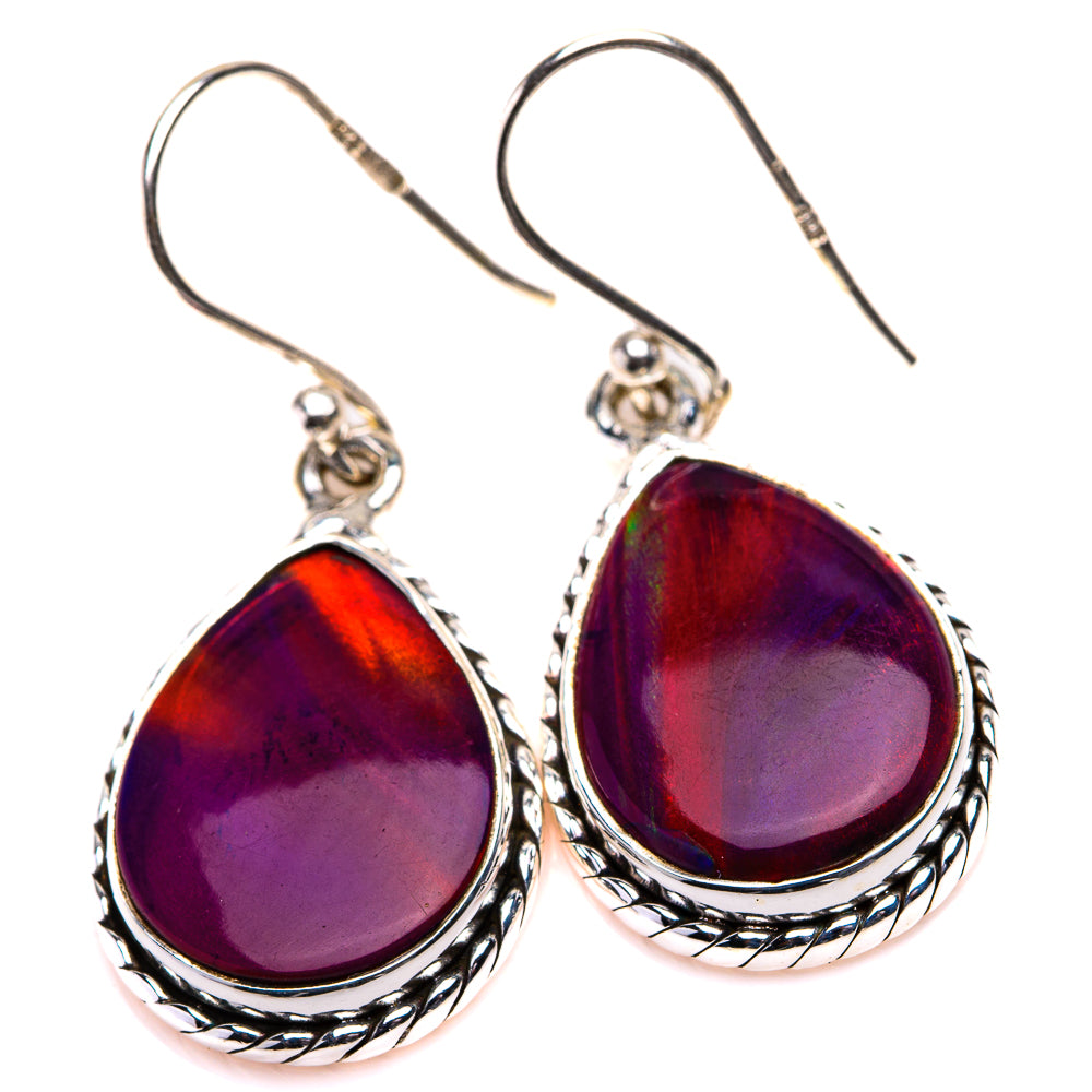 925 sterling silver teardrop opal earrings with red-purple iridescent stones, scalloped border
