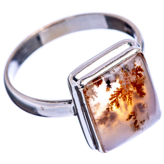 Sterling silver ring with rectangular dendritic agate cabochon, side view on band