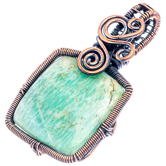 Oxidized copper wire-wrapped amazonite pendant with spiral frame and bail
