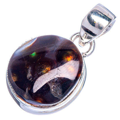 Oval fire agate pendant in 925 sterling silver bezel, dark stone with orange and green flecks