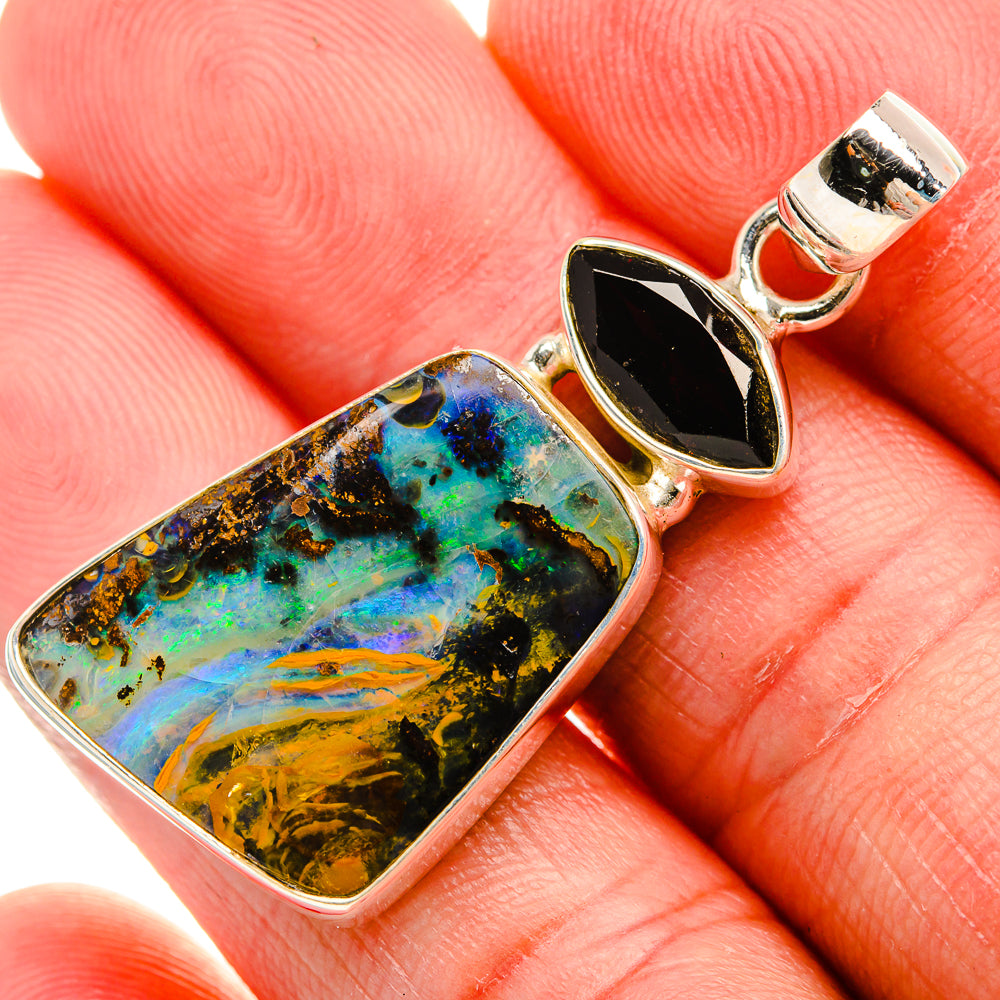 Boulder Opal, Black Onyx 925 Sterling Silver Pendant 1 3/4" (925 Sterling Silver) PD38374