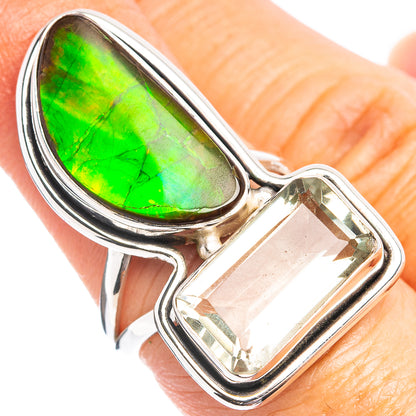 Premium Ammolite, Green Amethyst Ring Size 7 (.925 Sterling Silver)