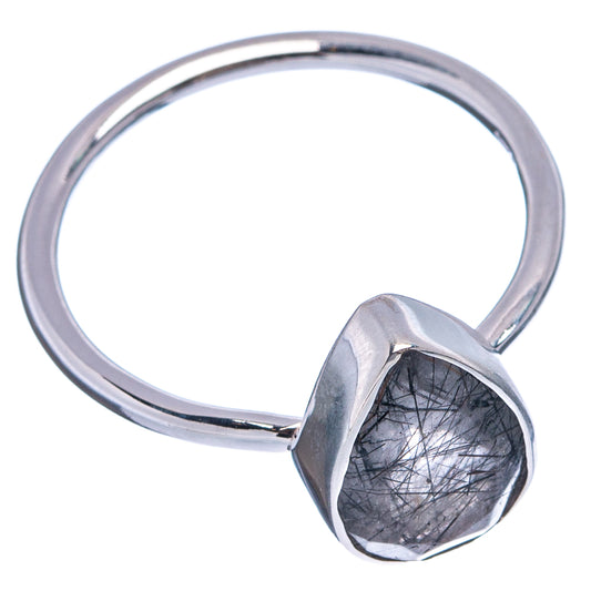 Sterling silver tourmalinated quartz ring with heart-shaped cabochon and tapered band.