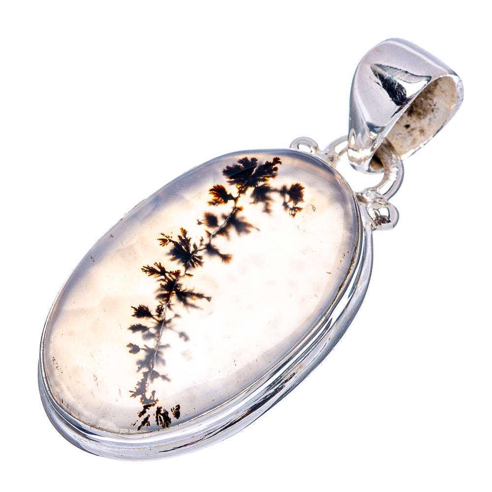 Oval dendritic agate pendant in .925 sterling silver with bail, cream stone and black branching