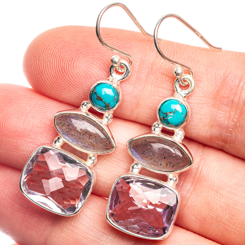 Amethyst, Labradorite, Blue Copper Composite Turquoise Earrings 1 5/8" (925 Sterling Silver) E432653