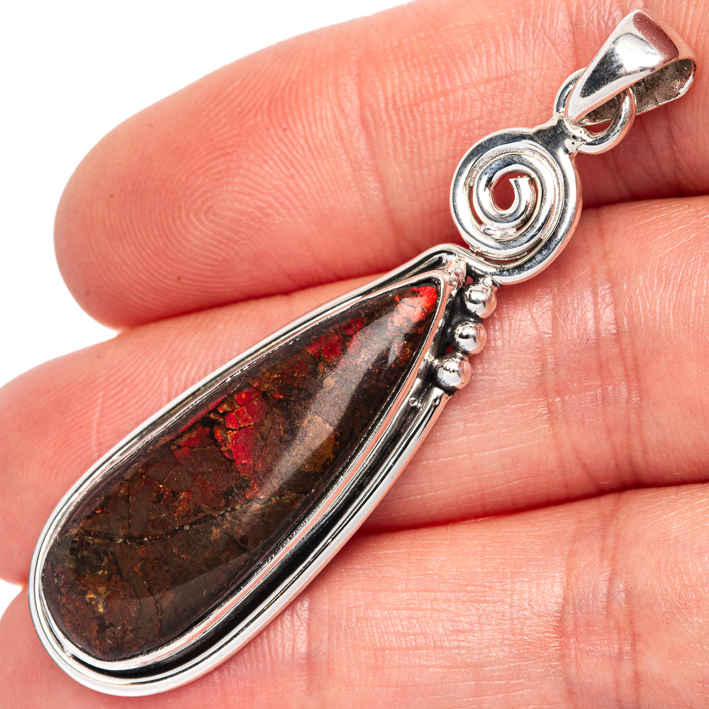 Rare ammolite pendant in 925 sterling silver, oval red-and-brown gemstone