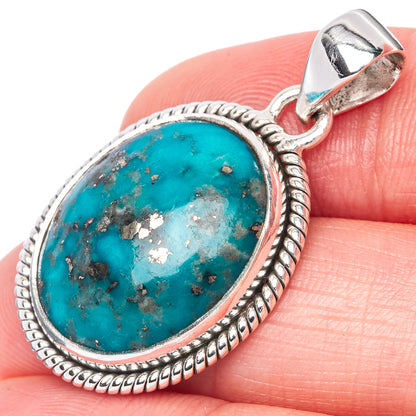 Oval Persian turquoise cabochon pendant in 925 sterling silver with beaded border
