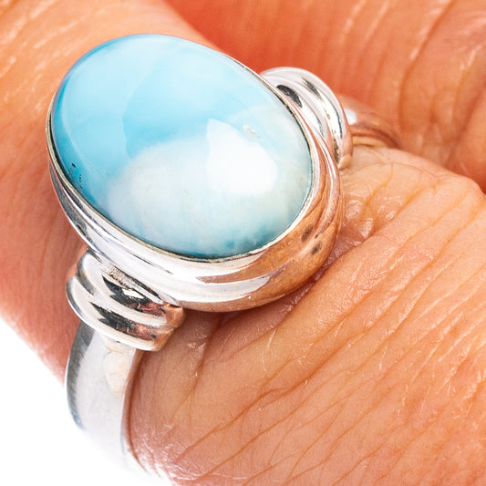 Larimar gemstone ring in .925 sterling silver with oval blue stone, size 7
