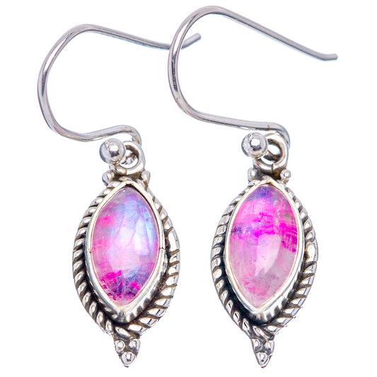 Pink moonstone drop earrings, ornate silver bezel oval gemstone on fishhook