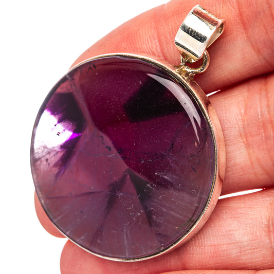 Round amethyst cabochon pendant, dark purple stone with silver bezel and bail