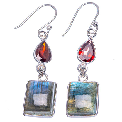 Labradorite, Garnet Earrings 1 7/8" (.925 Sterling Silver)