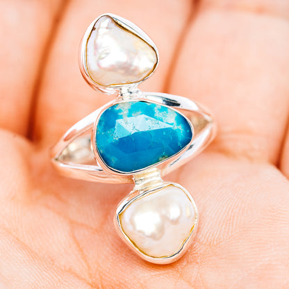 Faceted Apatite, Baroque Pearl Ring Size 8 (.925 Sterling Silver)
