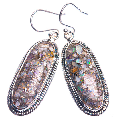 Sterling silver oval drop earrings with iridescent mosaic opal stone and beaded border
