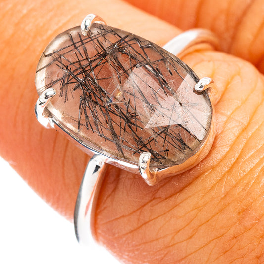 Faceted tourmalinated quartz ring in .925 sterling silver, open prong setting
